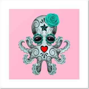 Blue Day of the Dead Sugar Skull Baby Octopus Posters and Art